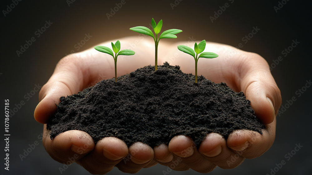 Hand Holding Soil with Three Growing Seedlings Hand Holding Soil with Three Growing Seedlings