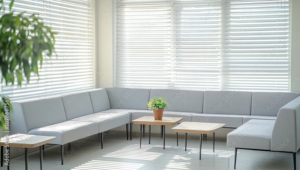 Modern Waiting Room with Grey Sofas and White Blinds Modern Waiting Room with Grey Sofas and White Blinds