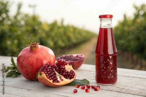 A collection of ripe pomegranates placed next to a filled bottle of juice. The setting features lush green vineyard rows bathed in the warm glow of sunset, highlighting the vibrant red of the fruit. photo