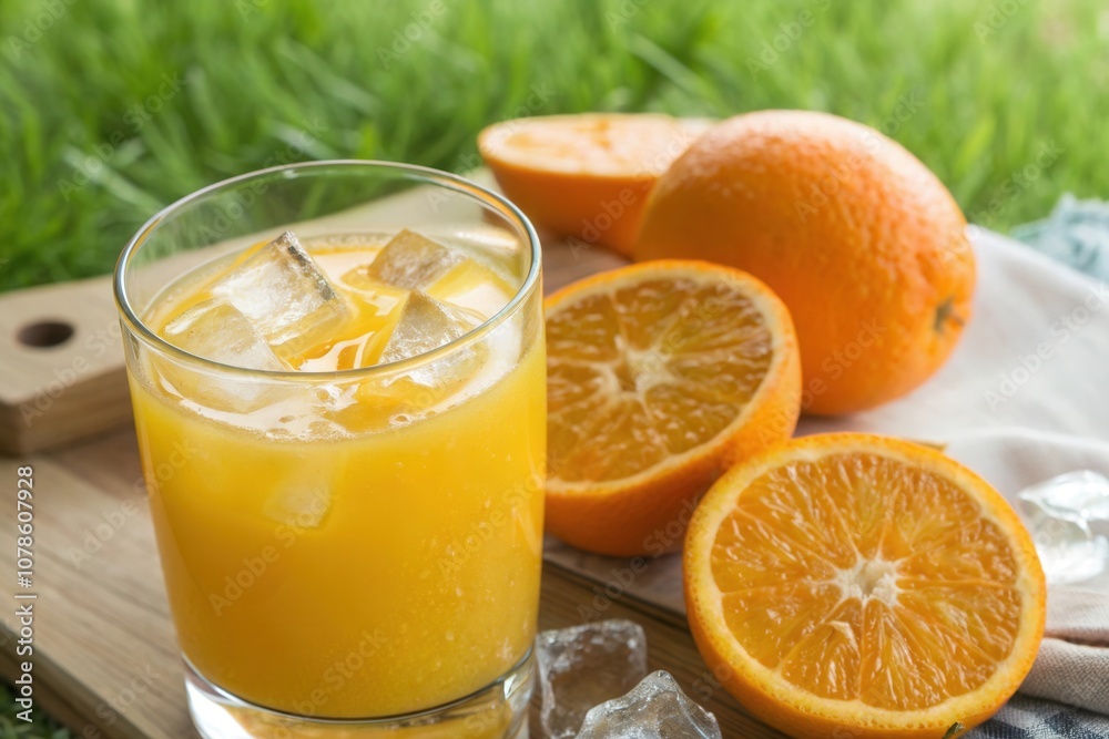 A cold glass of freshly squeezed orange juice sits on a wooden board, with ice cubes floating inside. Whole oranges, cut in half, are placed beside the glass against a backdrop of lush green grass. A cold glass of freshly squeezed orange juice sits on a wooden board, with ice cubes floating inside. Whole oranges, cut in half, are placed beside the glass against a backdrop of lush green grass.
