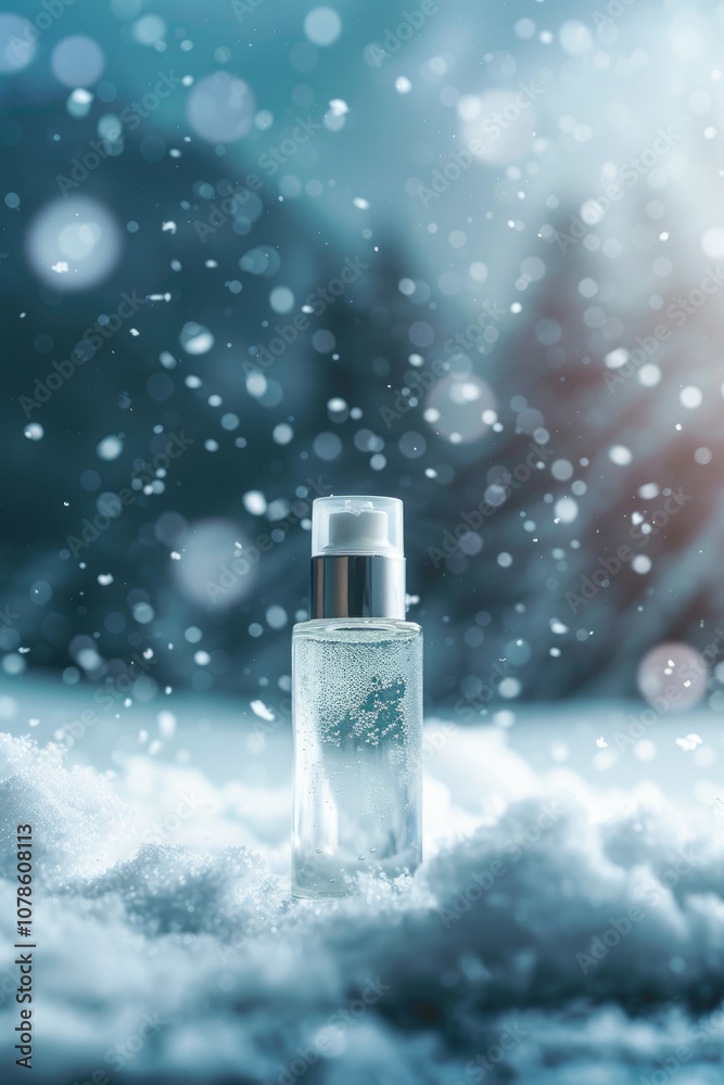 Winter-Themed Perfume Bottle in Snow with Bokeh Background Winter-Themed Perfume Bottle in Snow with Bokeh Background