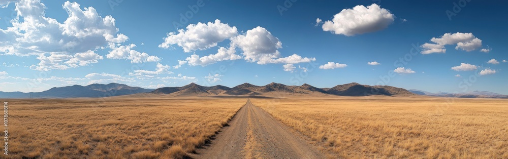 A long, straight dirt road cuts through a vast, dry, grassy plain under a clear blue sky with fluffy white clouds. A long, straight dirt road cuts through a vast, dry, grassy plain under a clear blue sky with fluffy white clouds.
