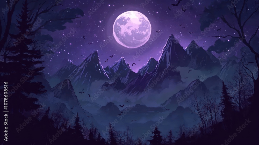 A vibrant purple moon hangs over a dark, misty mountain range. Bats fly through the night sky, silhouetted against the moon's glow.