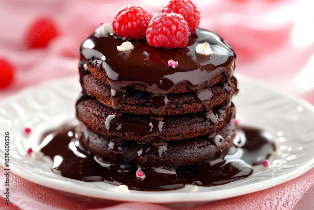 Stack of chocolate pancakes drizzled with chocolate syrup and topped with fresh raspberries served on a white ceramic plate for a rich and festive dessert dish Stack of chocolate pancakes drizzled with chocolate syrup and topped with fresh raspberries served on a white ceramic plate for a rich and festive dessert dish