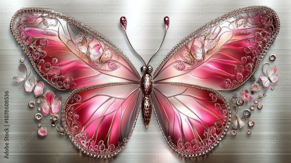 A large pink and brown butterfly with intricate details on its wings, surrounded by smaller butterflies, against a silver metallic background. A large pink and brown butterfly with intricate details on its wings, surrounded by smaller butterflies, against a silver metallic background.