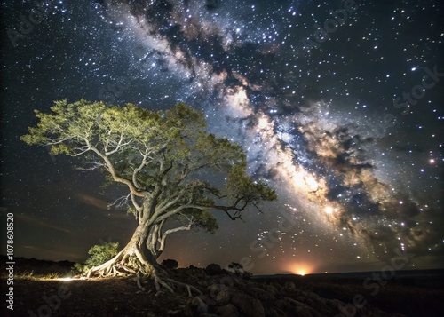 Surreal Glowing Tree with Radiant Roots Set Against a Mystical Starry Night Sky, Capturing the Enchantment of Nature and the Universe in Harmony