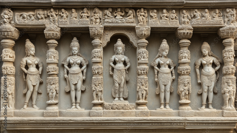 Fototapeta premium Stone Relief of Five Female Figures with Ornate Detail