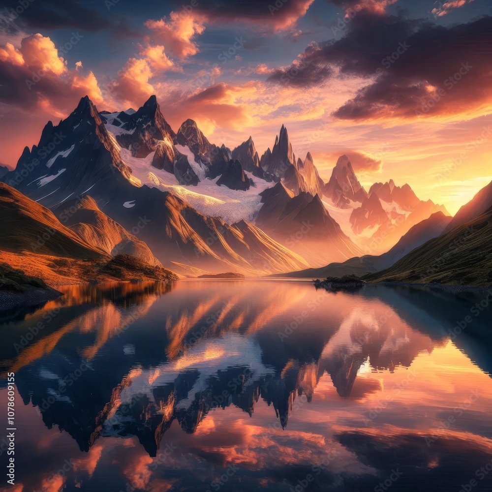 Majestic mountain landscape with wide angle view, reflection in calm lake at sunset Majestic mountain landscape with wide angle view, reflection in calm lake at sunset