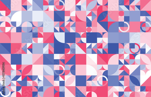 Geometric abstract seamless pattern with colorful simple elements of geometry,circle,stripes,outlines wallpaper background in retro 70s style, Bauhaus constructive style tiles.