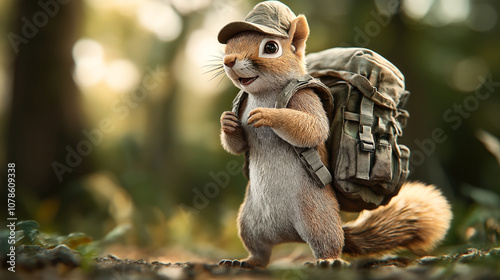 Cute cartoon squirrel wearing a green cap and a backpack walking through a forest with a lively expression, emphasizing adventure and exploration in nature.