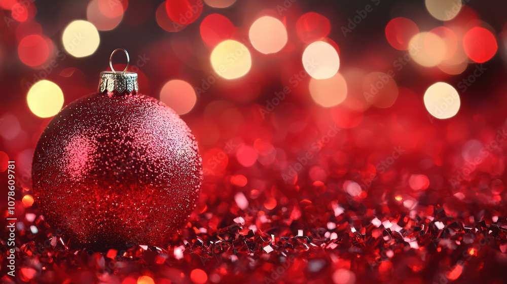 A vibrant red Christmas ornament surrounded by shimmering red glitter, creating a festive and sparkling holiday atmosphere. A vibrant red Christmas ornament surrounded by shimmering red glitter, creating a festive and sparkling holiday atmosphere.