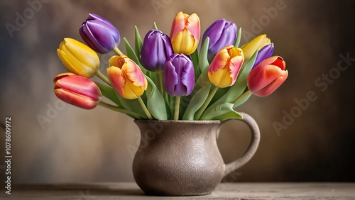 Wallpaper Mural Colorful tulips in a rustic gray ceramic pot. Torontodigital.ca