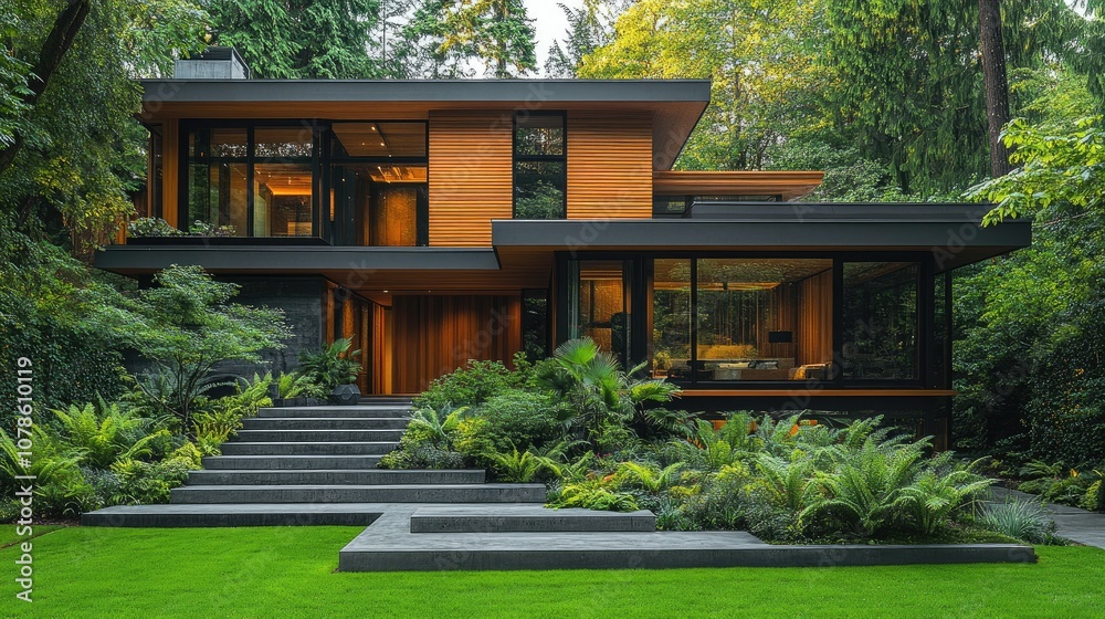 Fototapeta premium Modern house with a wooden facade and large windows, surrounded by lush greenery.