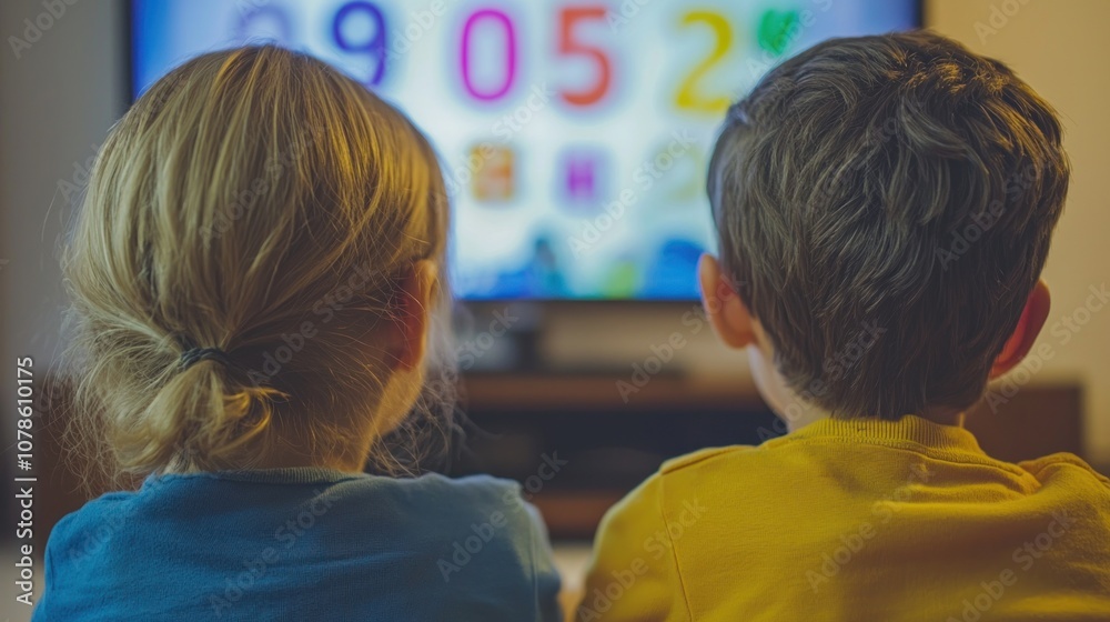 Children eagerly watching a countdown on a TV screen for a new episode or event Children eagerly watching a countdown on a TV screen for a new episode or event