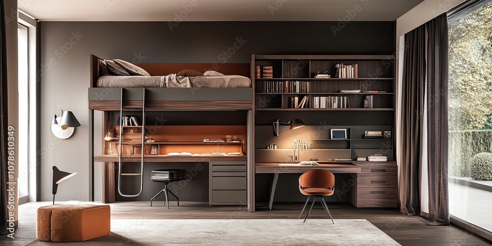 modern brown and grey spacious workspace with bunk bed and elegant wooden bookshelf modern brown and grey spacious workspace with bunk bed and elegant wooden bookshelf