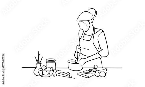 Girl cooking continuous line art drawing isolated on white background. Vector illustration