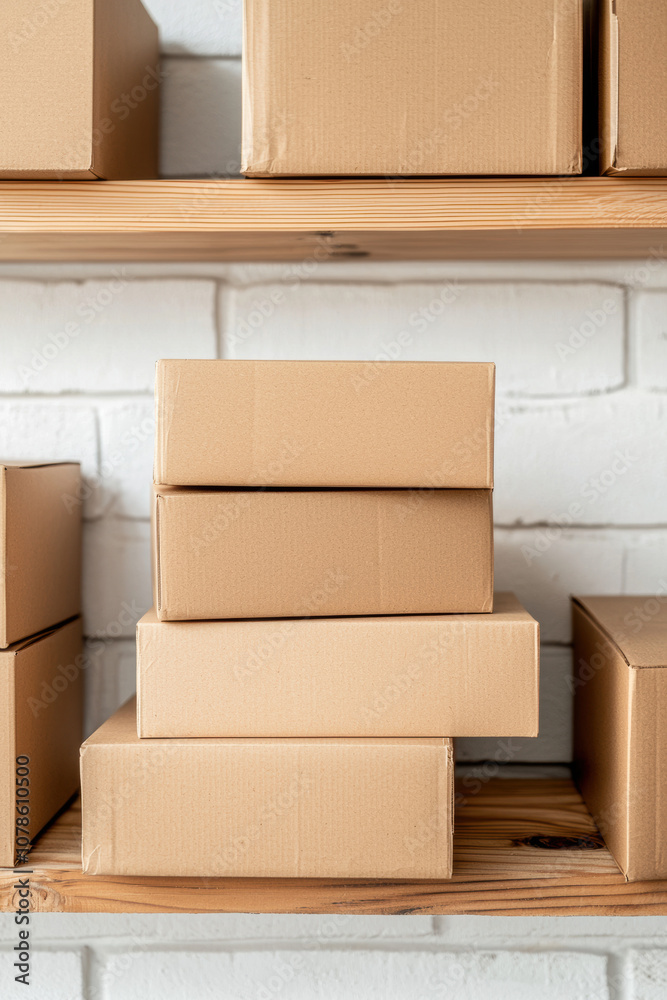 A stack of brown cardboard boxes on a wooden shelf against a white brick wall, ideal for online retail, shipping, or packaging themes. A stack of brown cardboard boxes on a wooden shelf against a white brick wall, ideal for online retail, shipping, or packaging themes.