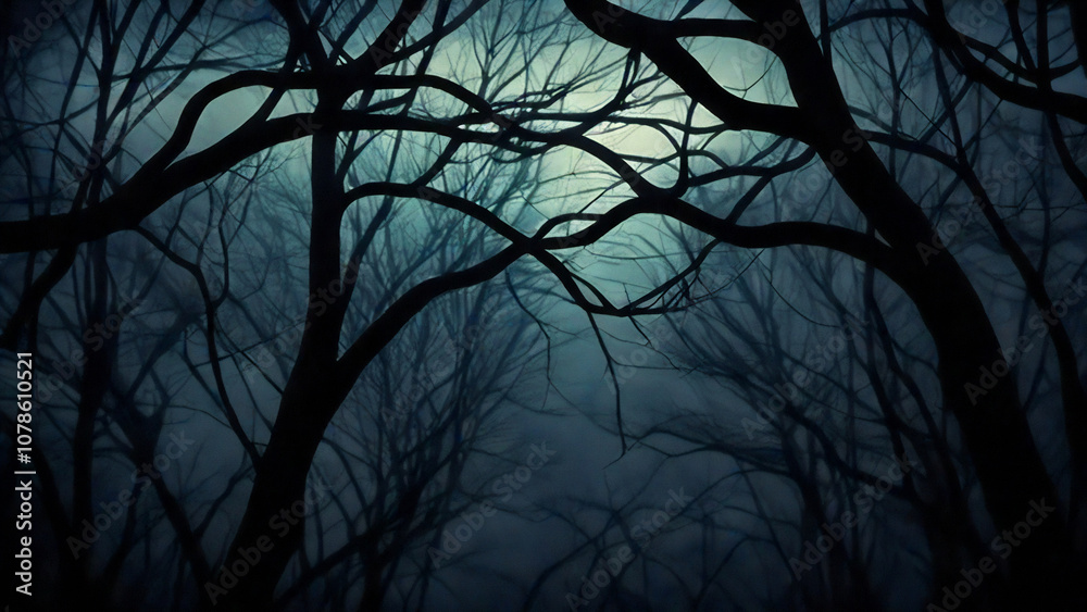 Eerie tree branches in a foggy forest illuminated by moonlight. Eerie tree branches in a foggy forest illuminated by moonlight.