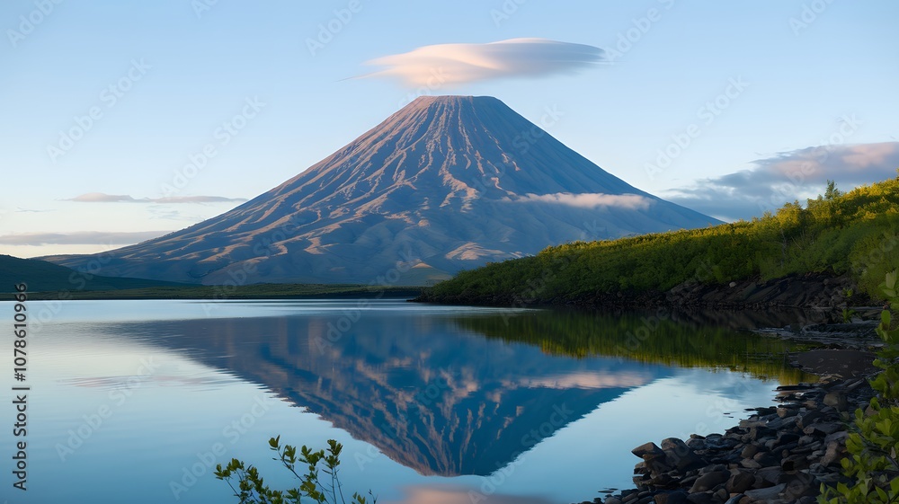 A photo of a volcanic mountain reflected in the calm waters of a lake. The mountain has a crater and is covered in greenery. The sky is clear with a few clouds. A photo of a volcanic mountain reflected in the calm waters of a lake. The mountain has a crater and is covered in greenery. The sky is clear with a few clouds.