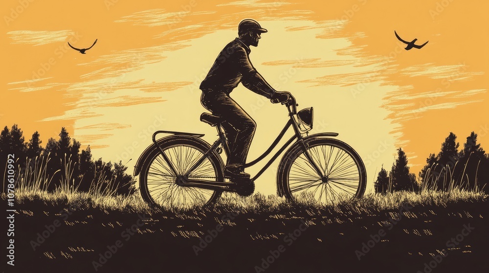 Fototapeta premium Silhouette of a man biking at sunset.