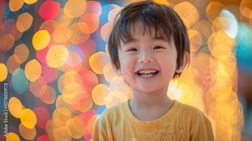 Surrounded by dynamic backgrounds, a curious Asian child's inquisitive expression reveals her insatiable thirst for knowledge and discovery photo