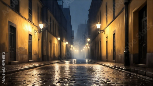 Cobblestone alleyway with reflections and vintage lighting.