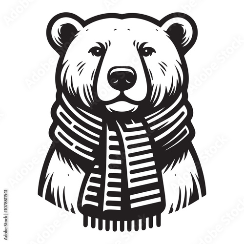 Cozy Bear in a Scarf: A Winter Icon. This striking black and white illustration features a bear's head, bundled up in a thick, textured scarf.