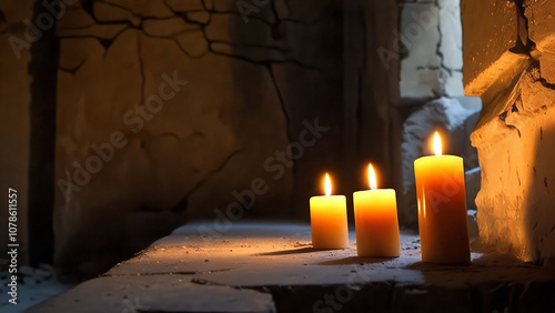 Warm candlelight reflecting in a rustic stone setting.