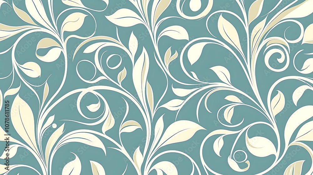 Elegant Floral Pattern with Swirling Vines and Leaves on a Soft Teal Background for Sophisticated Design Projects and Creative Applications Elegant Floral Pattern with Swirling Vines and Leaves on a Soft Teal Background for Sophisticated Design Projects and Creative Applications