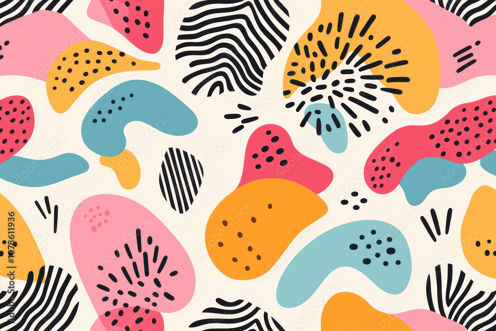 Vibrant abstract background featuring playful shapes and bold colors in a modern art style, ideal for creative projects and design aesthetics.