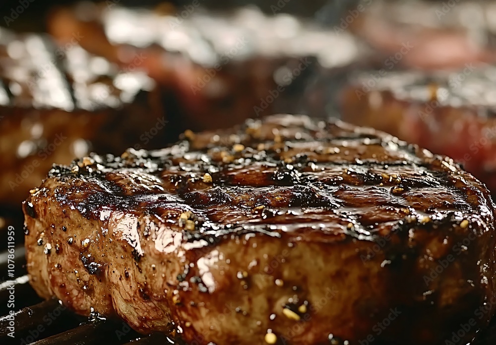 Sizzling Steak Close-Up on Grill Sizzling Steak Close-Up on Grill