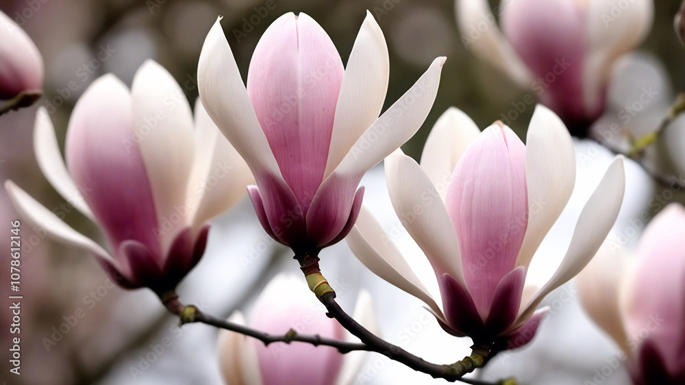 Fototapeta premium Delicate spring blossoms on branch, pink and white.