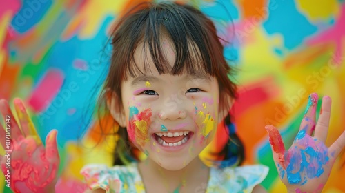 Surrounded by dynamic backgrounds, a curious Asian child's inquisitive expression reveals her insatiable thirst for knowledge and discovery photo