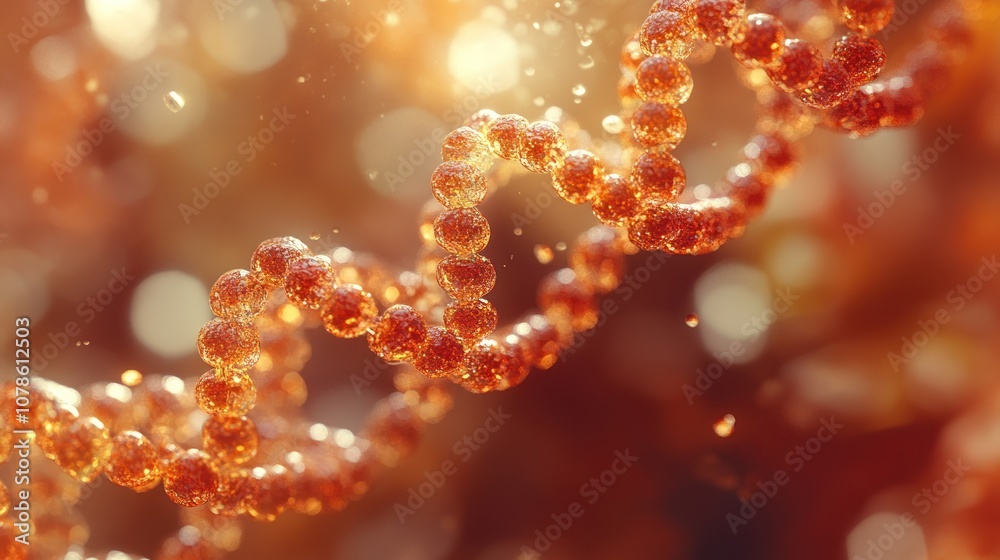 3D rendering of a glowing orange DNA helix against a blurred background. 3D rendering of a glowing orange DNA helix against a blurred background.