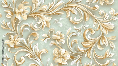 Elegant floral pattern with soft pastel colors featuring curving vines and delicate blossoms against a light backdrop, perfect for various design projects and backgrounds.