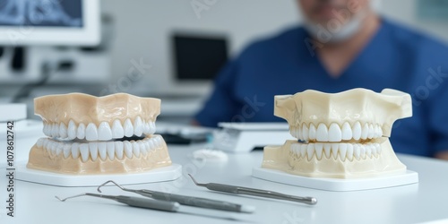 Two dental model sets with tools lie on a hygienic white desk, depicting a dental professional's well-ordered workspace. photo