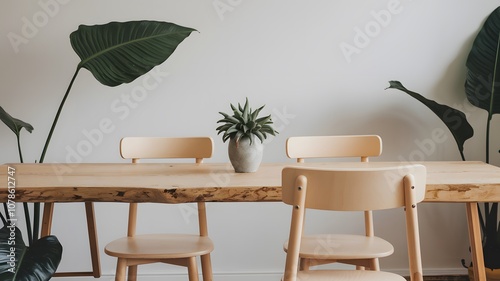 Serene Workspace: An office with a natural wood table, simple chairs, and just one or two leafy green plants in the background; the uncluttered table and touch of greenery give the space a serene, foc photo