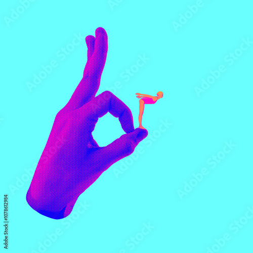 Purple hand holding tiny diver in diving pose on its finger against blue background. Contemporary art collage. Concept of pop art design, creativity, imagination, fantasy.