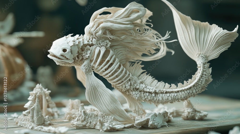 A detailed, white skeletal sculpture of a fish with flowing fins. A detailed, white skeletal sculpture of a fish with flowing fins.