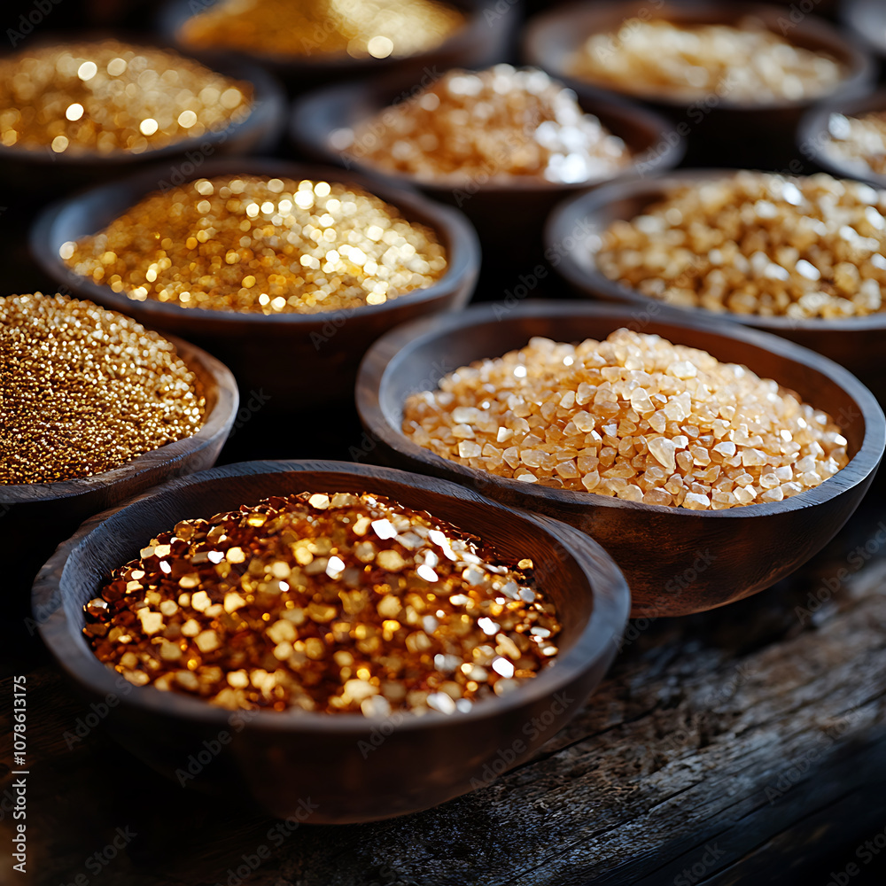 Golden grains and sparkling crystals are beautifully arranged in wooden bowls, showcasing variety of textures and shades. This vibrant display captures essence of luxury and abundance Golden grains and sparkling crystals are beautifully arranged in wooden bowls, showcasing variety of textures and shades. This vibrant display captures essence of luxury and abundance