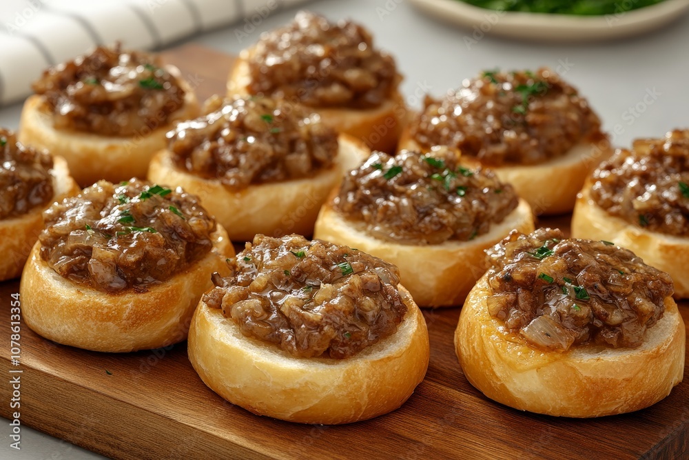 Mini puff pastry tarts filled with caramelized onions and garnished with chives served on a wooden platter for a rustic and savory appetizer presentation Mini puff pastry tarts filled with caramelized onions and garnished with chives served on a wooden platter for a rustic and savory appetizer presentation