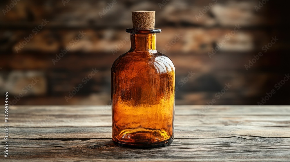 An amber glass bottle with a cork stopper on a wooden surface. An amber glass bottle with a cork stopper on a wooden surface.