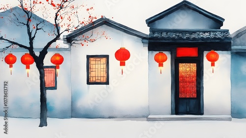 Traditional Chinese house adorned with red lanterns, showcasing cultural elegance and festive charm. photo