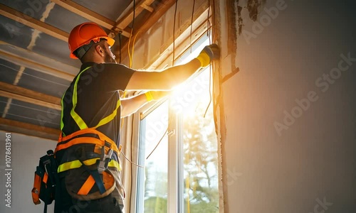 A construction worker in a safety helmet and vest installs a window in a partially renovated room, focusing on precision and safety during the task.