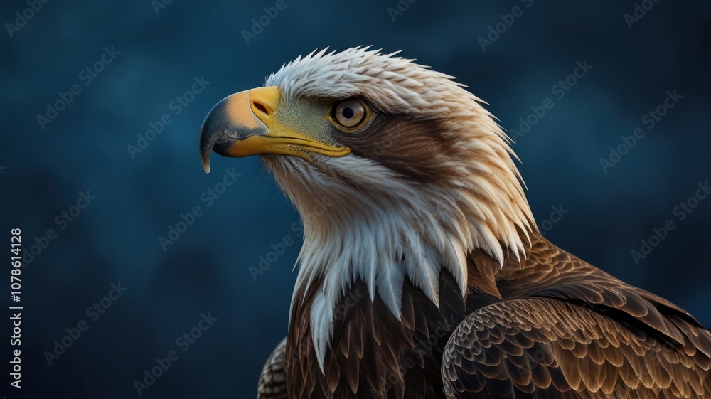 Obraz premium A majestic bald eagle with sharp eyes and a powerful beak, looking intently to the side, against a dark blue background.