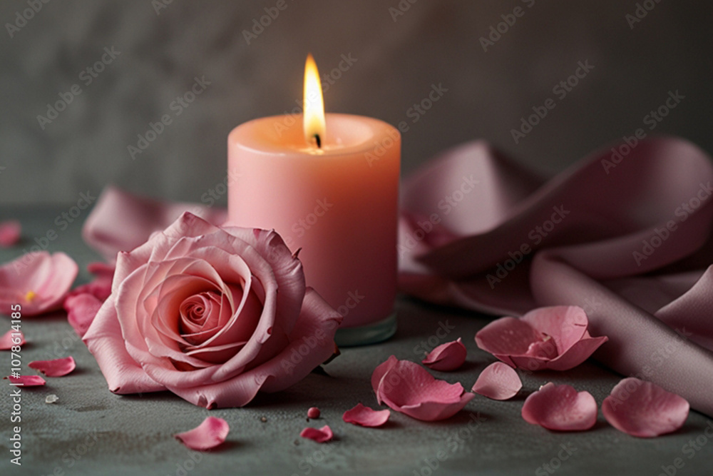 Pink rose with candle and petals Pink rose with candle and petals