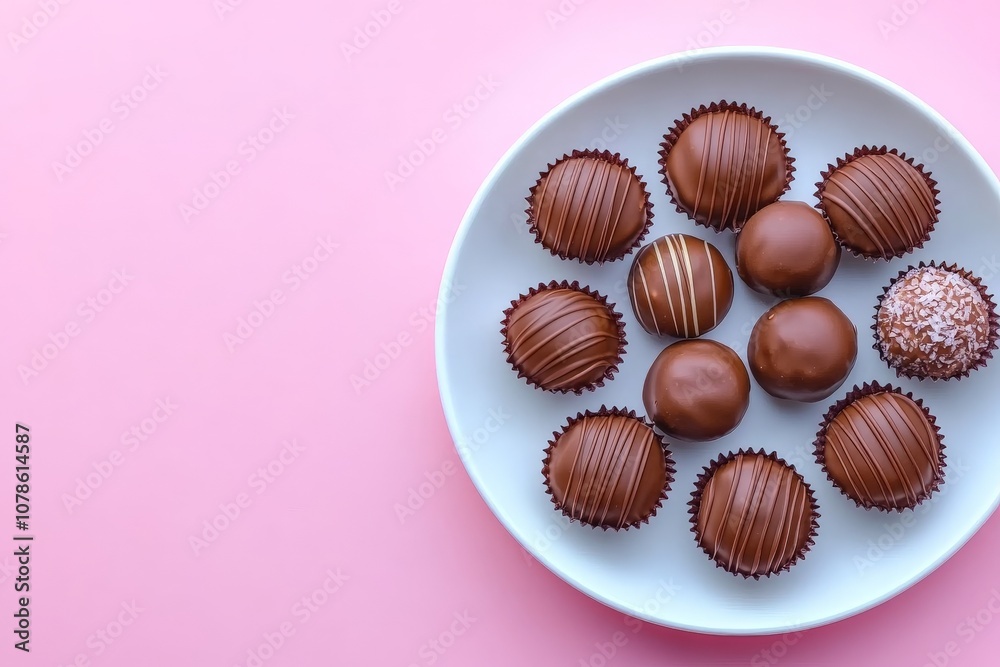 Tray of assorted chocolate pralines styled on a pastel pink surface for a minimalist and luxurious holiday dessert spread Tray of assorted chocolate pralines styled on a pastel pink surface for a minimalist and luxurious holiday dessert spread
