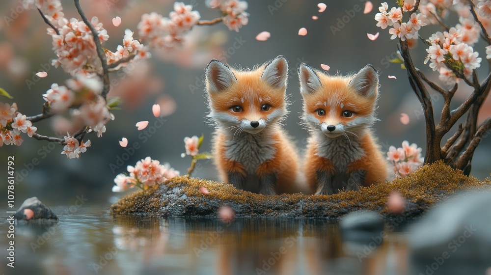 Fototapeta premium Two Cute Foxes in a Spring Wonderland