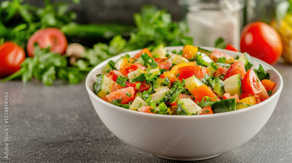 Fresh and colorful vegetable salad featuring diced tomatoes, cucumbers, peppers, and herbs in a white bowl on a textured surface. Fresh and colorful vegetable salad featuring diced tomatoes, cucumbers, peppers, and herbs in a white bowl on a textured surface.