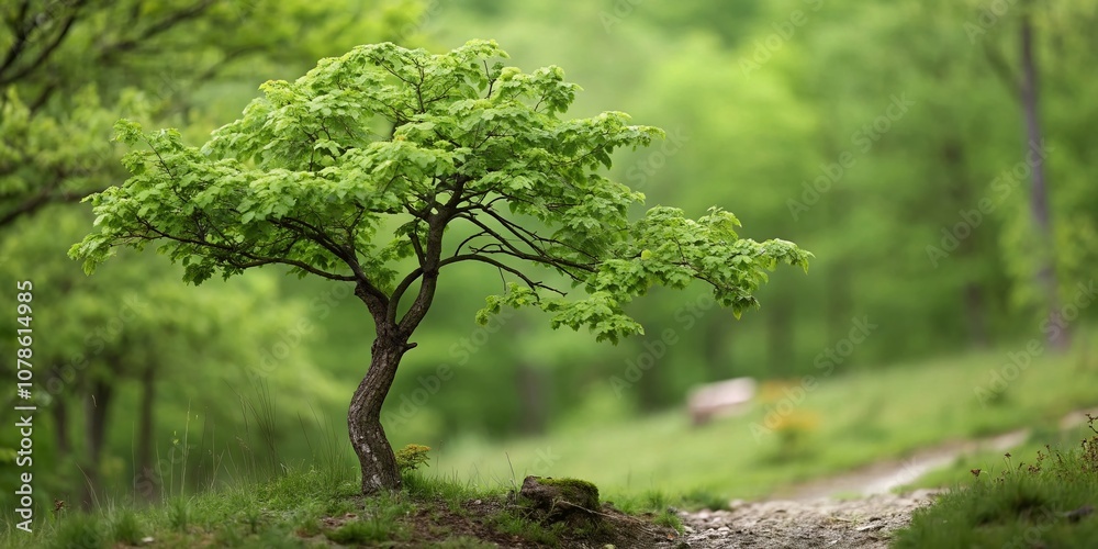 Fototapeta premium Tilt-Shift Photography of Schwarzerle Alnus glutinosa in a Lush Green Forest Setting with Soft Focus and Miniature Effect to Highlight Its Unique Features and Surroundings